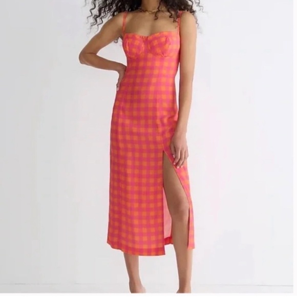 J. Crew Dresses & Skirts - J. CREW Collection Invite Dress in Gingham Size 8 Vibrant Orange and Pink Midi